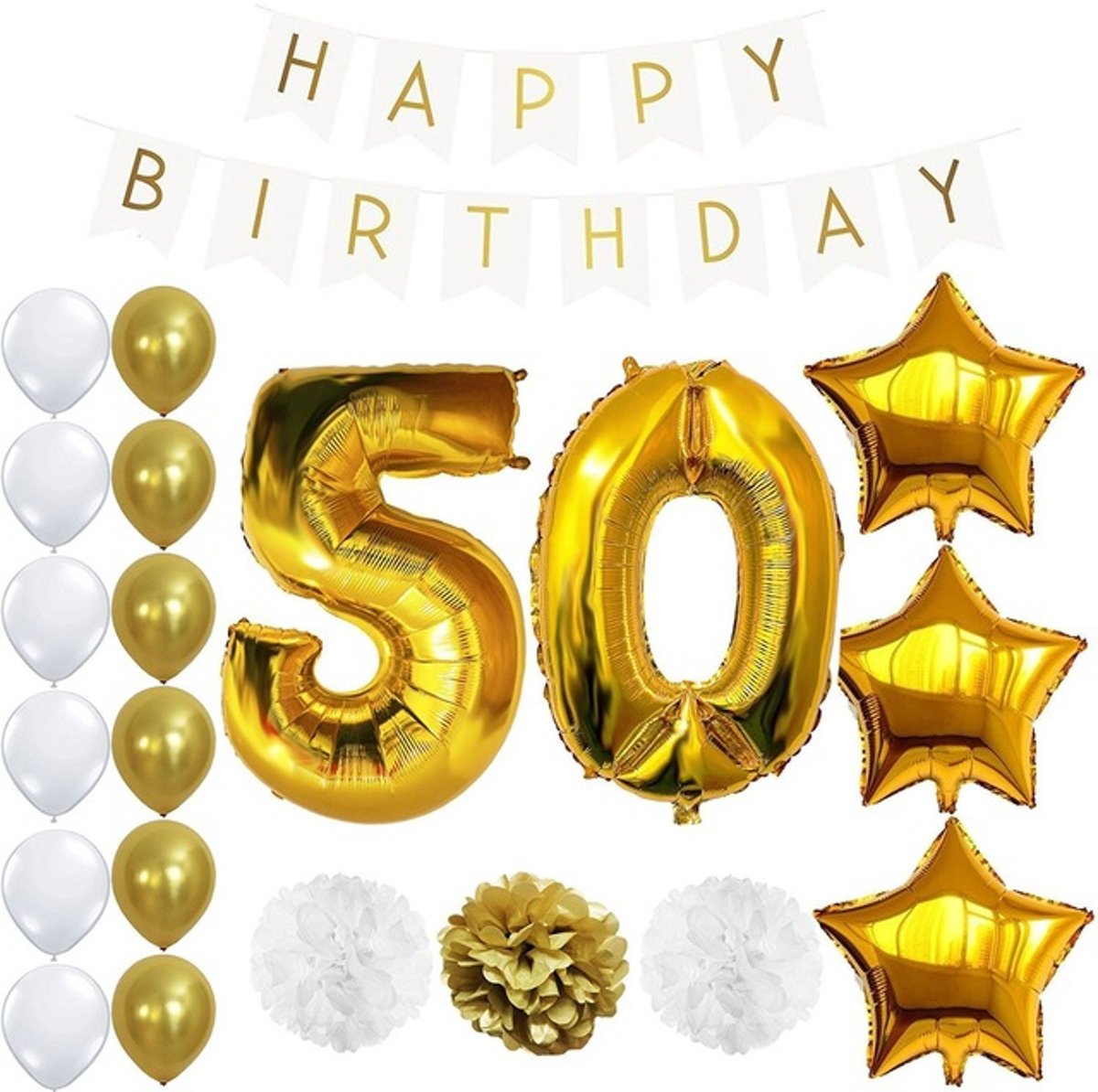 50 jaar decoratieset deluxe abraham & sarah| man & vrouw feest decoratie / versiering | folie & latex ballonnen | pompons | Happy birthday banner | feestpakket | feestversiering | vijftig jaar